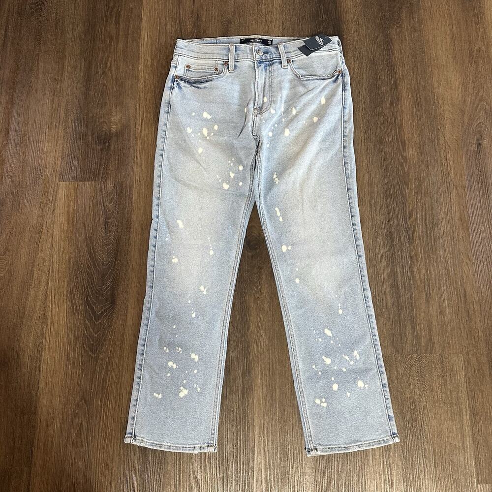 Hollister Advanced Stretch Slim Straight Blue Jeans Bleach Splatter Mens 32x30